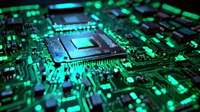 A close-up of a computer circuit board with a glowing green light.