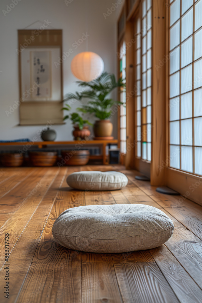 Poster simple image of a pair of meditation cushions placed symmetrically on a wooden floor,