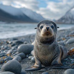 Naklejka premium A close-up of a cute seal pup sitting on a rocky beach with snow-capped mountains and the ocean in the background. 