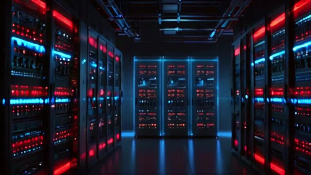 A server room filled with tall racks of servers with red and blue lights.