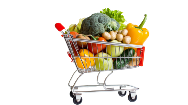 Shopping cart with grocery  on white background