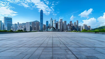 A wide, empty plaza with a cityscape backdrop. Blue sky and fluffy clouds add to the scene.