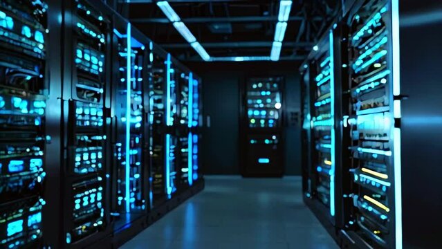 A server room filled with tall racks of servers with bright blue lights.