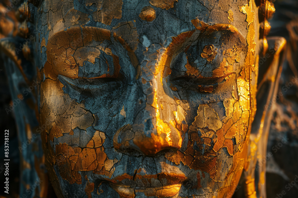 Poster minimalist image of a golden buddha statue's face, set against a plain backdrop.