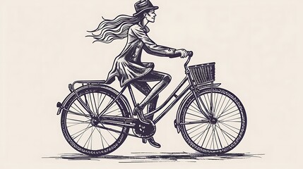 Obraz premium A woman in a hat rides a bicycle with a basket on the handlebars. The image is drawn in a sketch style.