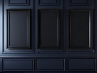 A stylish office with a navy blue wall, featuring three empty black frames in a triangular...