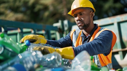 A worker in a yellow hard hat and safety vest sorts through plastic bottles at a recycling plant.