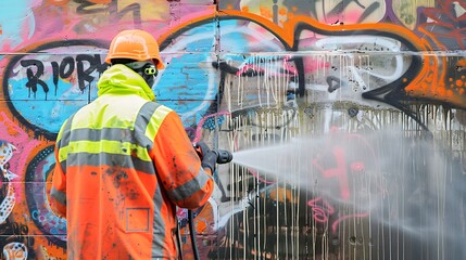 A worker in a safety suit pressure washes graffiti off a wall.