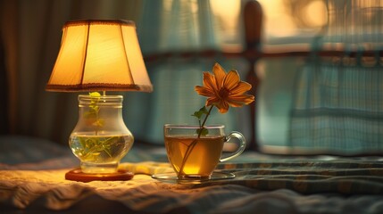A Bright Bedside Lamp Illuminates A Clear Cup Of Tea, Offering Warmth And Comfort Within Arm'S Reach Of The Bed, High Quality, HD