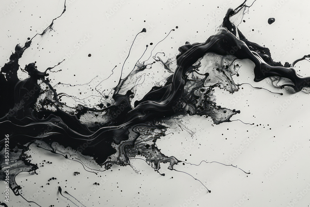 Poster minimalist abstract painting with delicate splatters of ink on a clean white canvas,