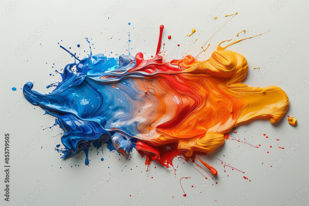 Poster minimalist abstract painting with a single splash of vibrant color on a white background,