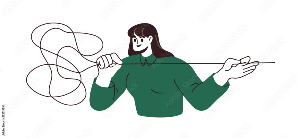 Aufkleber Problem-solving concept. Woman untangling complexity, tangled complicated work task. Finding solution in chaos. Order from disorder process. Flat vector illustration isolated on white background