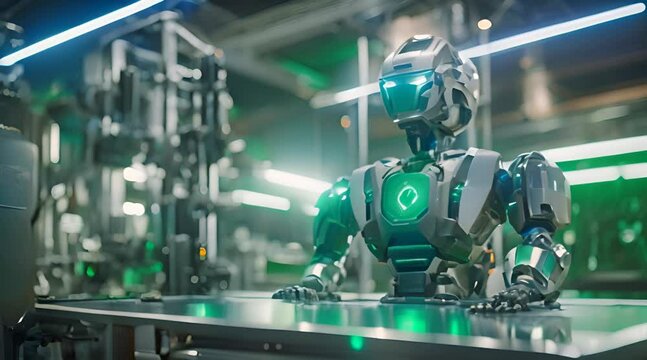A robot in a futuristic lab, surrounded by glowing screens and gadgets, testing its strength by lifting heavy weights
