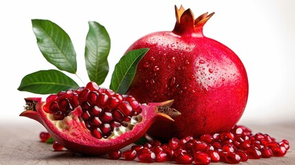 Richly colored whole pomegranate and a juicy, cut section with exposed seeds on a textured table surface, showcasing freshness and healthiness