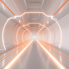 Obraz premium Perspective corridor, futuristic style, orange, white light, 3d, illustration, abstract architecture, interior, construction, business, futuristic design