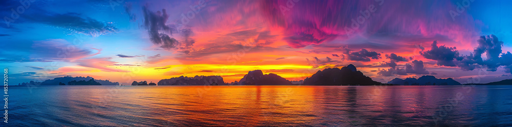 Canvas Prints panoramic view of colorful sunset over calm sea lake with mountain range background - Canvas Prints