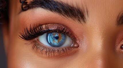 Obraz premium Macro shot capturing the intricate details of a woman's eye with makeup, showcasing the eyelashes and iris