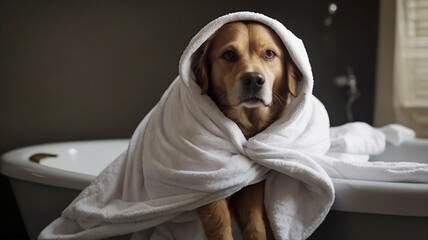 dog in a towel after the shower, dog in a bathroom