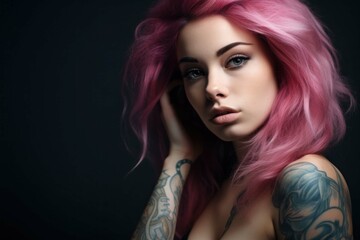 tattooed girl against the background of a tattoo salon portrait close-up