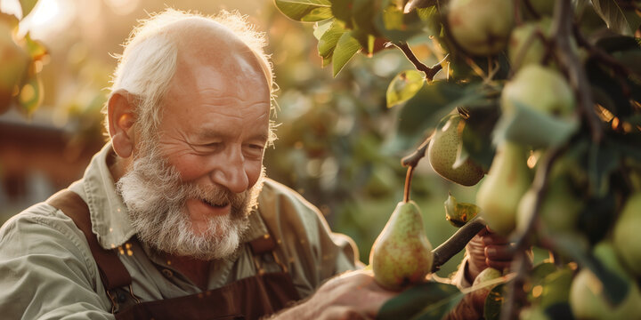 Obstbauer pfl&uuml;ckt Birnen vom Baum seiner Obstplantage