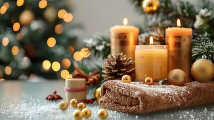 Scented candles and a collection of spa items are surrounded by festive Christmas decorations