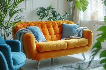 Modern living room with a bright orange sofa and blue accents