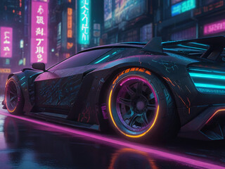Closeup modern supercar, futuristic cyberpunk city cars, neon light streets at night