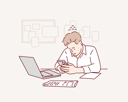 The man facing a difficult situation at work is anxious. Hand drawn style vector design illustrations.