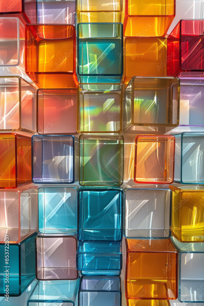 Poster dynamic pattern of bright squares creating the visual illusion of a 3d cube, against a white backdro