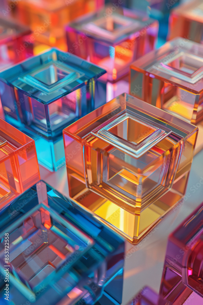 Poster dynamic pattern of bright squares creating the visual illusion of a 3d cube, against a white backdro