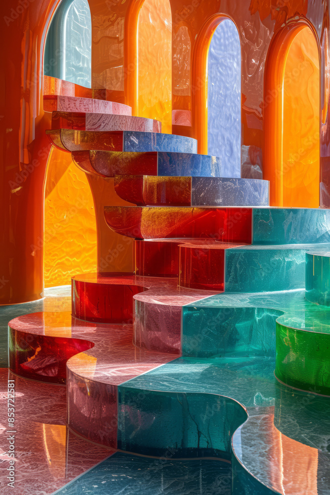 Poster bold interlocking shapes in contrasting colors creating the illusion of continuous movement on a bri