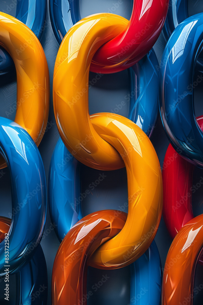 Poster bold interlocking shapes in contrasting colors creating the illusion of continuous movement on a bri