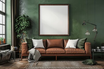 Modern living room with green walls and brown leather sofa featuring minimalistic decor