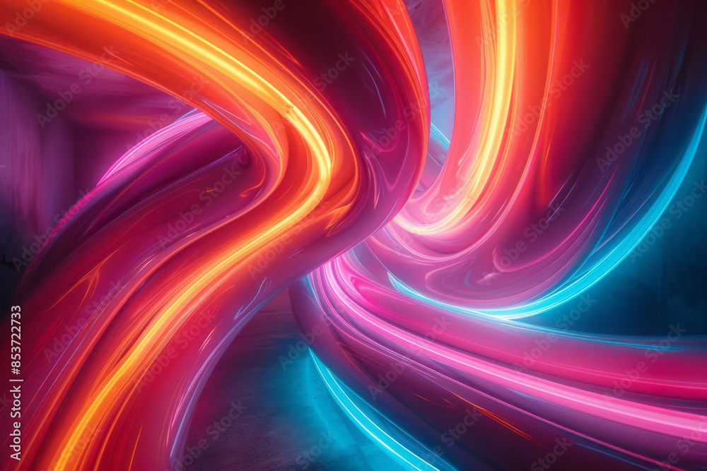 Poster bold depiction of intertwining neon lines creating a visual illusion of depth and movement,