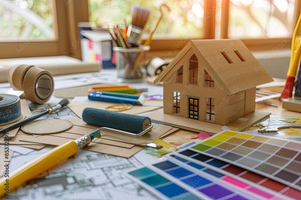 Poster a close-up of a desk with a model house, paint rollers, brushes, masking tape, and color swatches. t