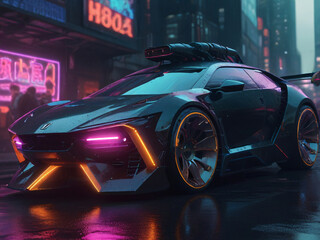 Futuristic cyberpunk supercar, city cars neon lights streets at night