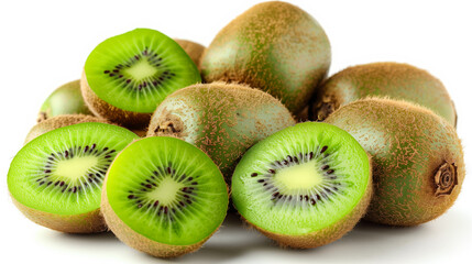 Fototapeta premium Fresh kiwi fruits and slices showcasing vibrant green flesh and tiny black seeds.