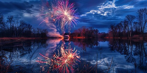 Fireworks reflecting off a serene lake, with vibrant colors creating a mirrored image on the watera??s surface