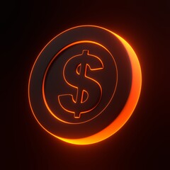 Coin with dollar sign with bright glowing futuristic orange lights on black background. 3D icon, sign and symbol. Cartoon minimal style. 3D render illustration