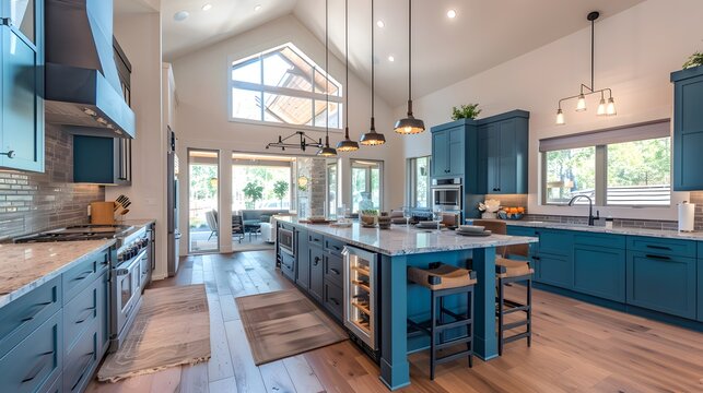 Modern kitchen interior with blue cabinets, stainless steel appliances, and wooden floors under a vaulted ceiling with pendant lights and large windows 