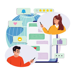 Man and a woman engaging in a dynamic conversation through their smartphones, set against the backdrop of a globe. The image is filled with social media elements