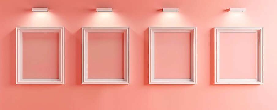Four empty square frames in a horizontal line on a light coral wall, each frame under a spotlight, creating a vibrant and stylish display