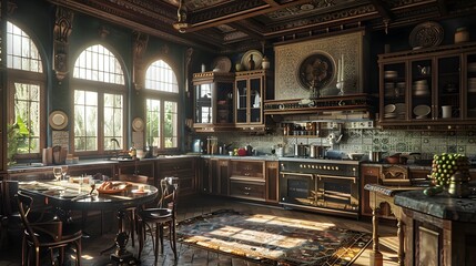 Vintage style kitchen with natural lighting and elegant wooden furniture evokes a warm, homely atmosphere 
