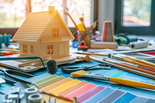 A close-up shot of a desk with a model house, paint brushes, paint rollers, and color swatches, showcasing the tools and supplies for home painting. Generative AI