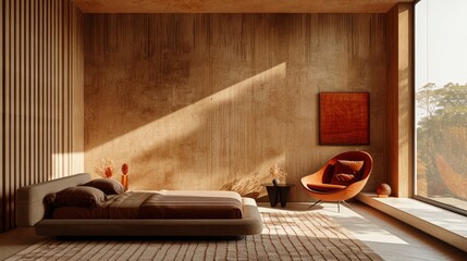 A Comfortable Bed And A Minimalistic Armchair Against A Wall With Wooden Panels, High Quality, HD