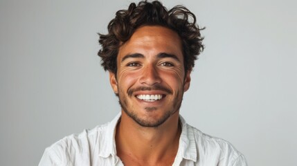 Obraz premium Confident professional man smiling for the camera, close-up portrait on white background, captured with Fujifilm in high definition