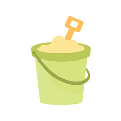 Green baby bucket with yellow spatula. Kids toys in beach vacation. Sandbox playing tools. Summer icon vector illustration isolated on white background. © Nadiia