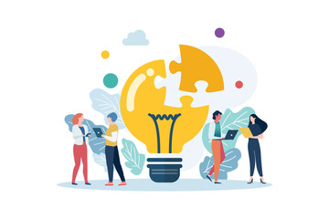 People with big lightbulb jigsaw puzzle. Creative idea concept