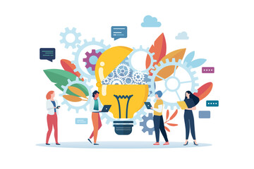 Mechanical gears in lightbulb flat style. Business brainstorming concept