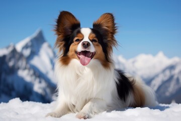 Portrait of a smiling papillon dog while standing against pristine snowy mountain